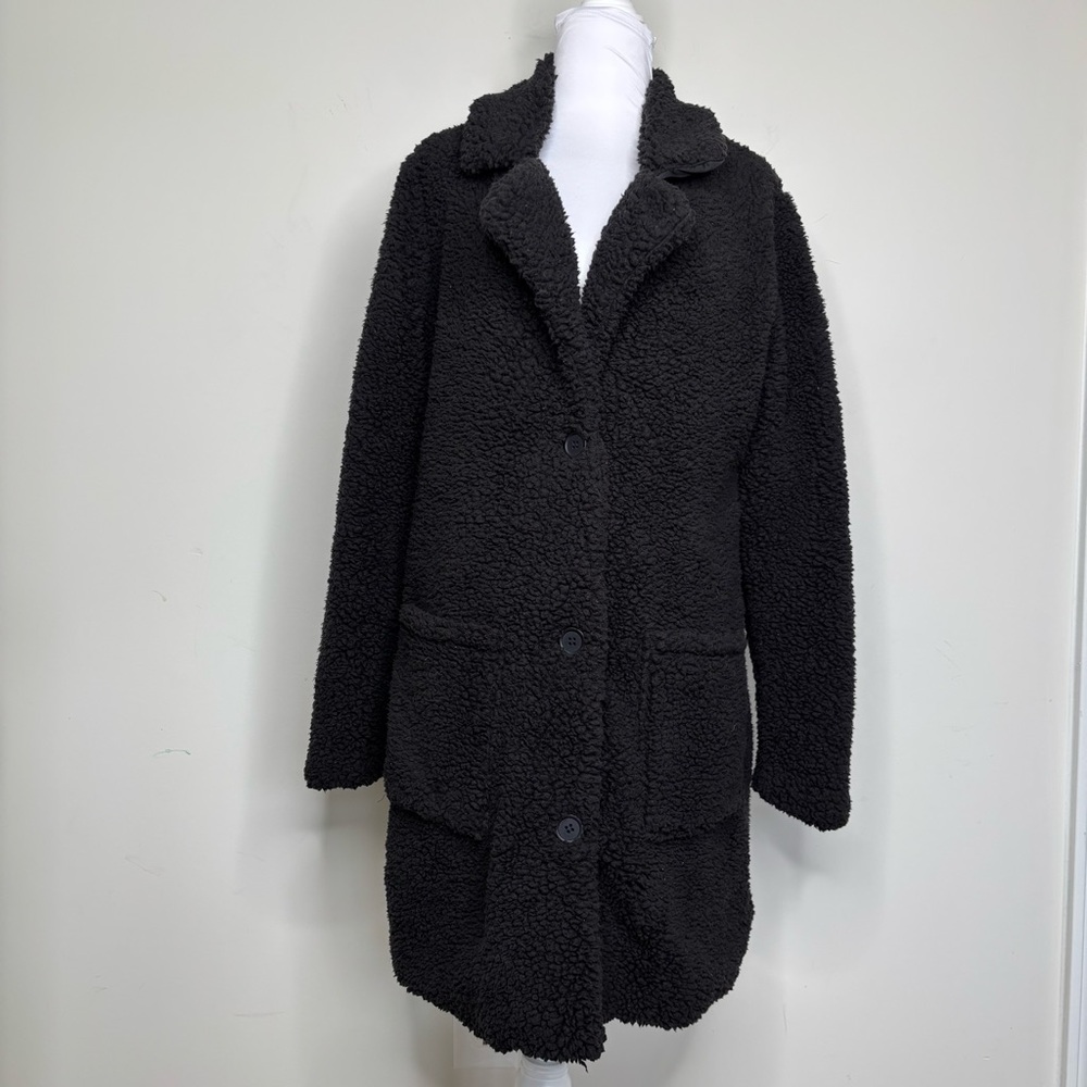 1 Sunset Lane Teddy Coat Black Sherpa Fleece Jacket Women Small Cozy Chic‎